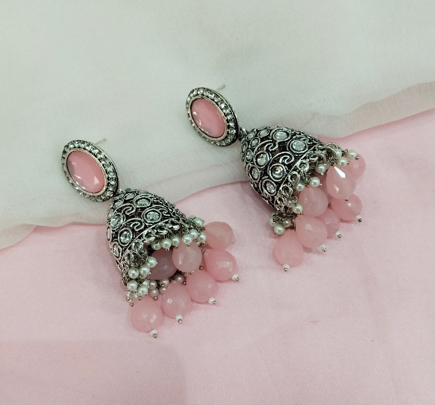 Pink Oxidized Metal Denber Jhumka Earrings Set
