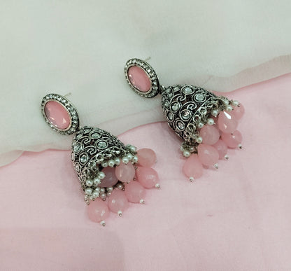 Pink Oxidized Metal Denber Jhumka Earrings Set