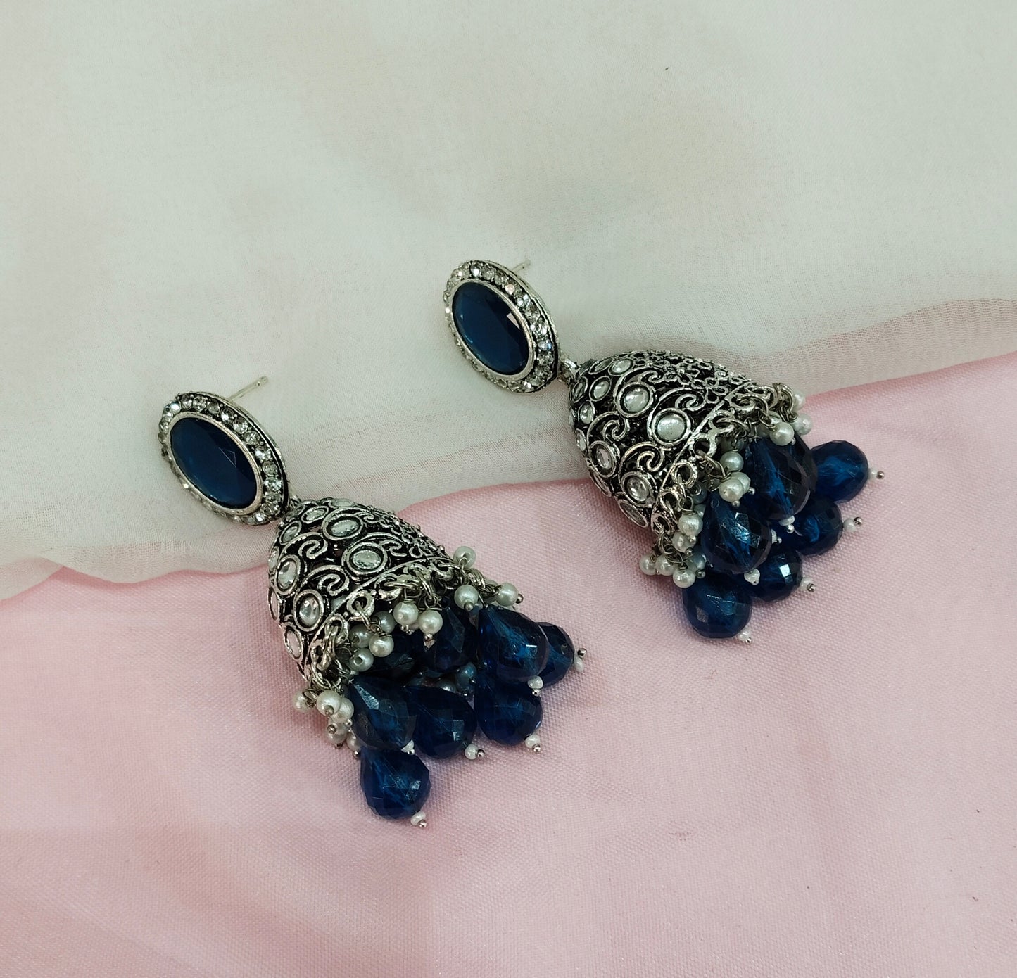 Blue Oxidized Metal Denber Jhumka Earrings Set