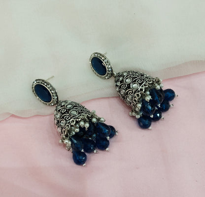 Blue Oxidized Metal Denber Jhumka Earrings Set