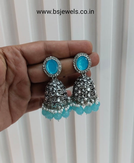 Sea Green Oxidized Metal Denber Jhumka Earrings Set