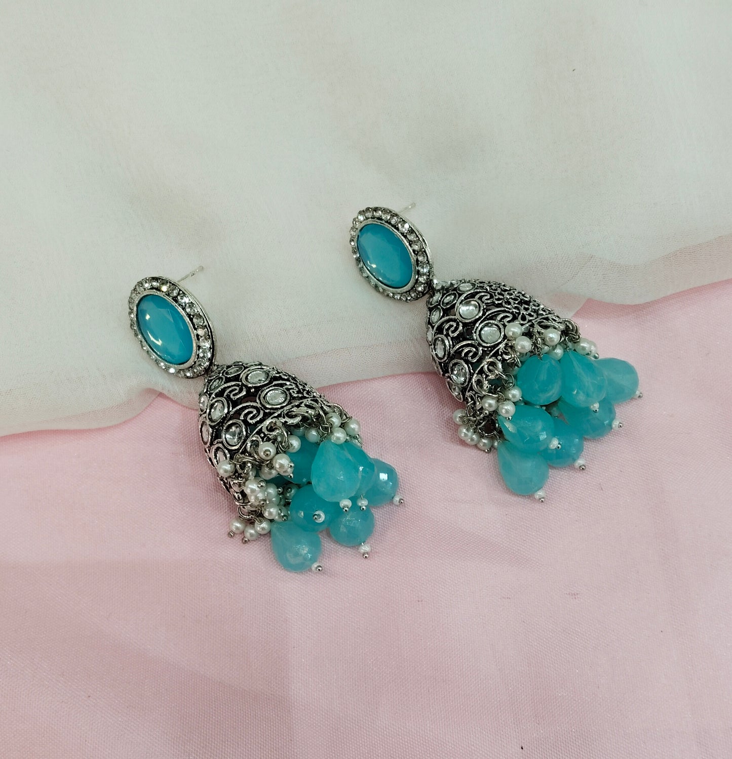 Sea Green Oxidized Metal Denber Jhumka Earrings Set