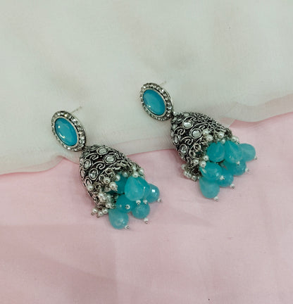 Sea Green Oxidized Metal Denber Jhumka Earrings Set