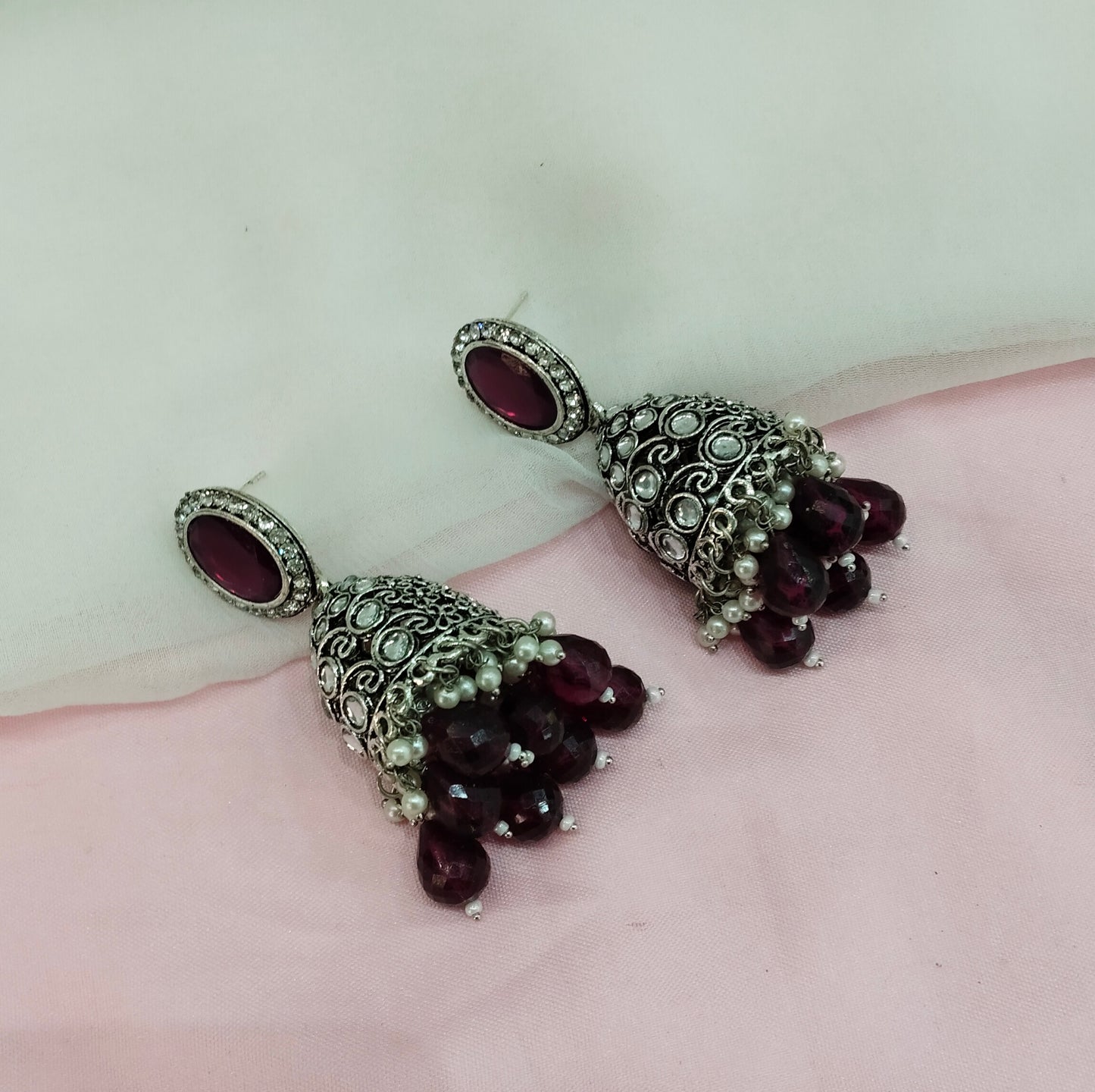 Purple Oxidized Metal Denber Jhumka Earrings Set