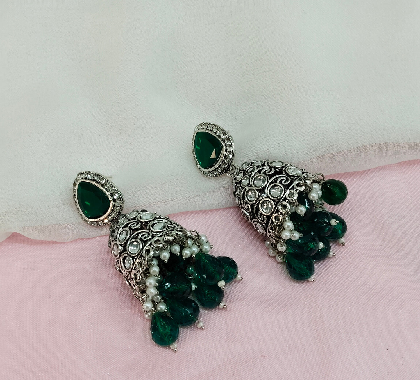 Green Oxidized Metal Helsinki Jhumka Earrings Set