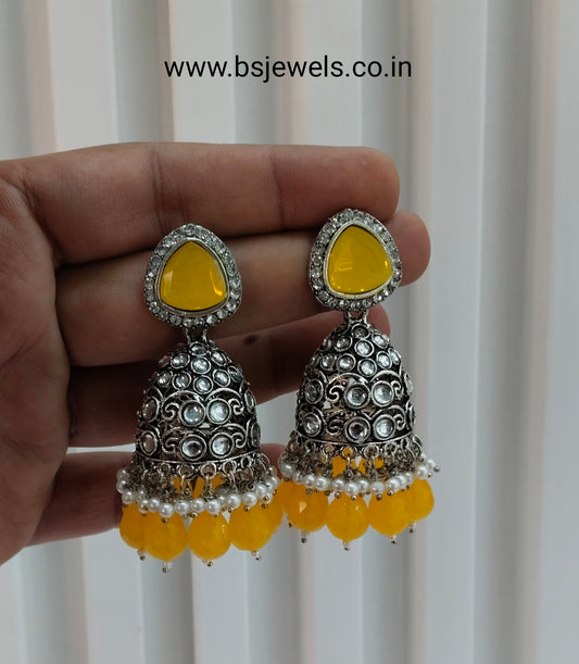 Yellow Oxidized Metal Helsinki Jhumka Earrings Set
