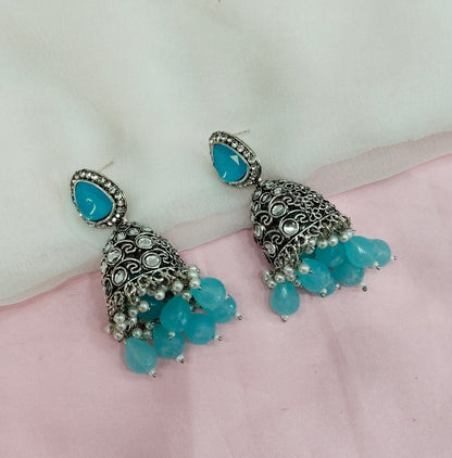 Sea Green Oxidized Metal Helsinki Jhumka Earrings Set