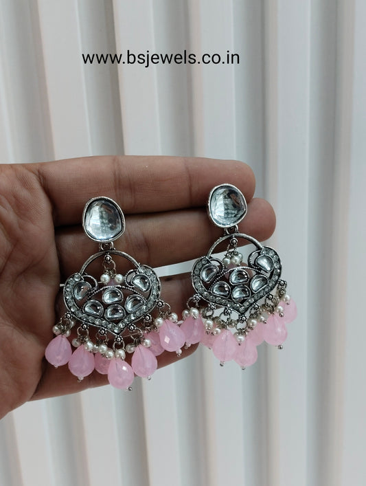 Pink Oxidized Metal Pushpa Earrings Set