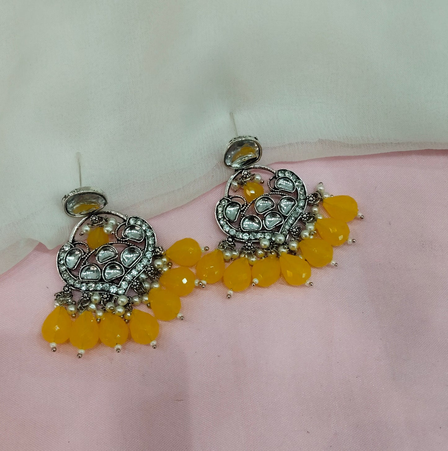 Yellow Oxidized Metal Pushpa Earrings Set