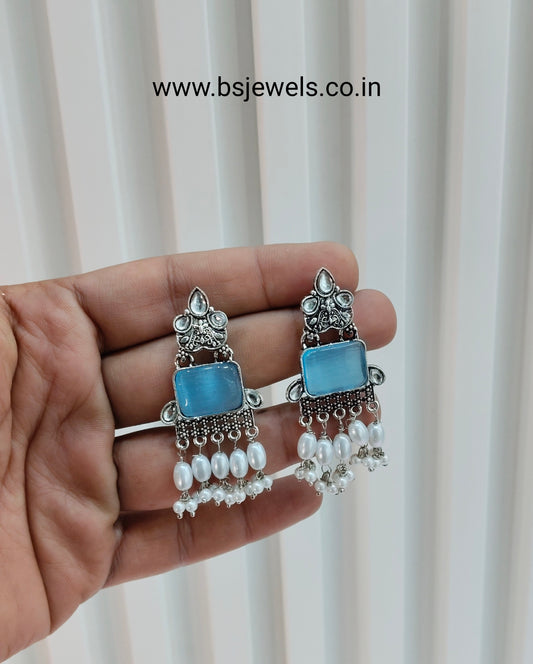 Sky Blue Oxidized Metal Roman Earrings Set