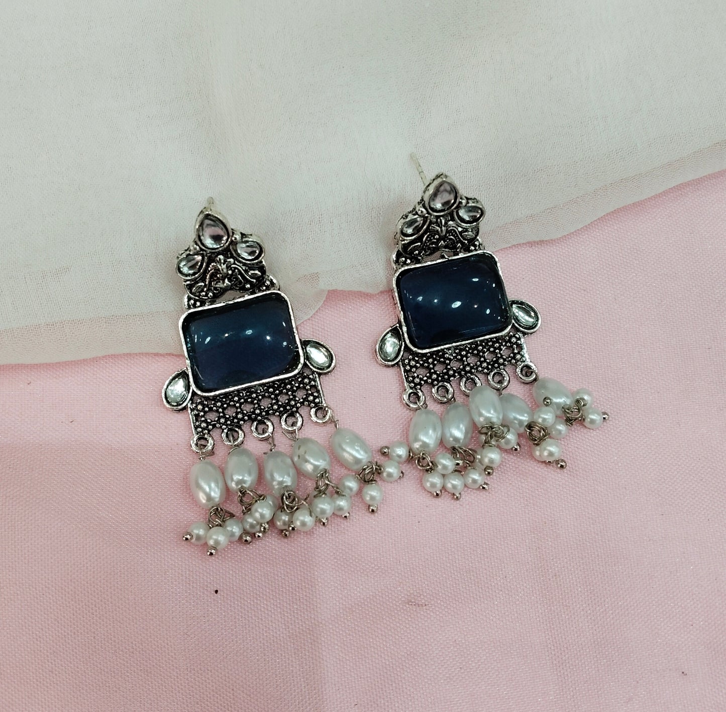 Blue Oxidized Metal Roman Earrings Set