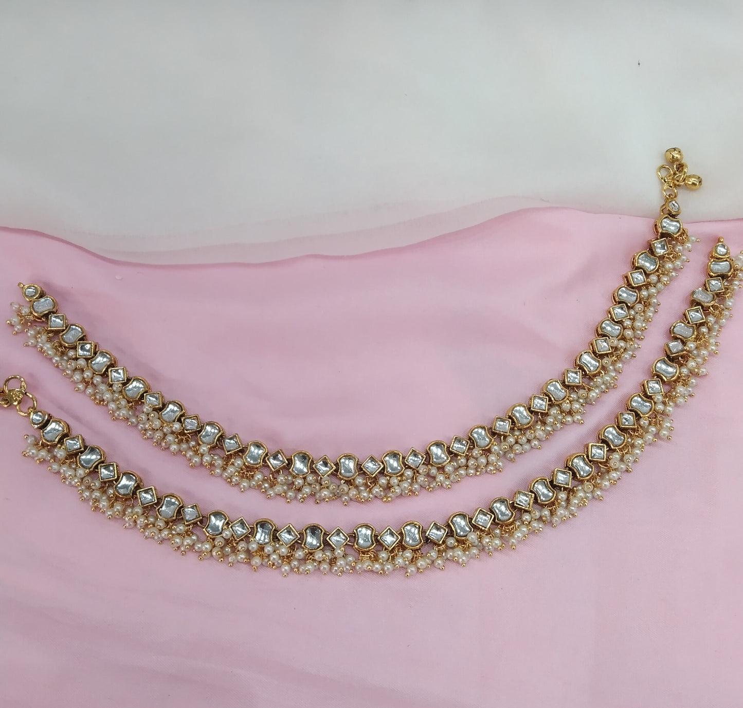 Gold White Kundan Anklets Jhanjar Payal Jewellery opti Set