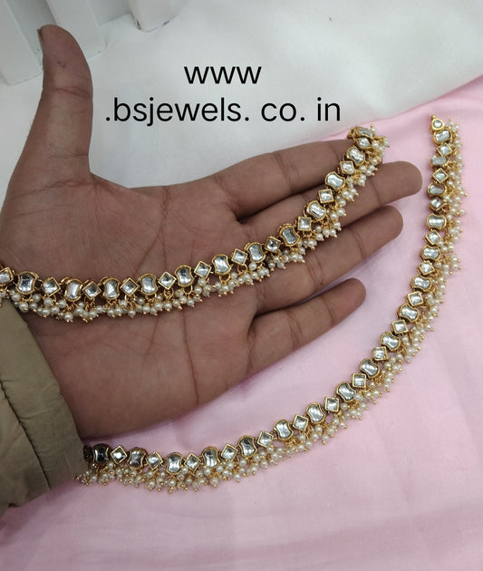 Gold White Kundan Anklets Jhanjar Payal Jewellery opti Set