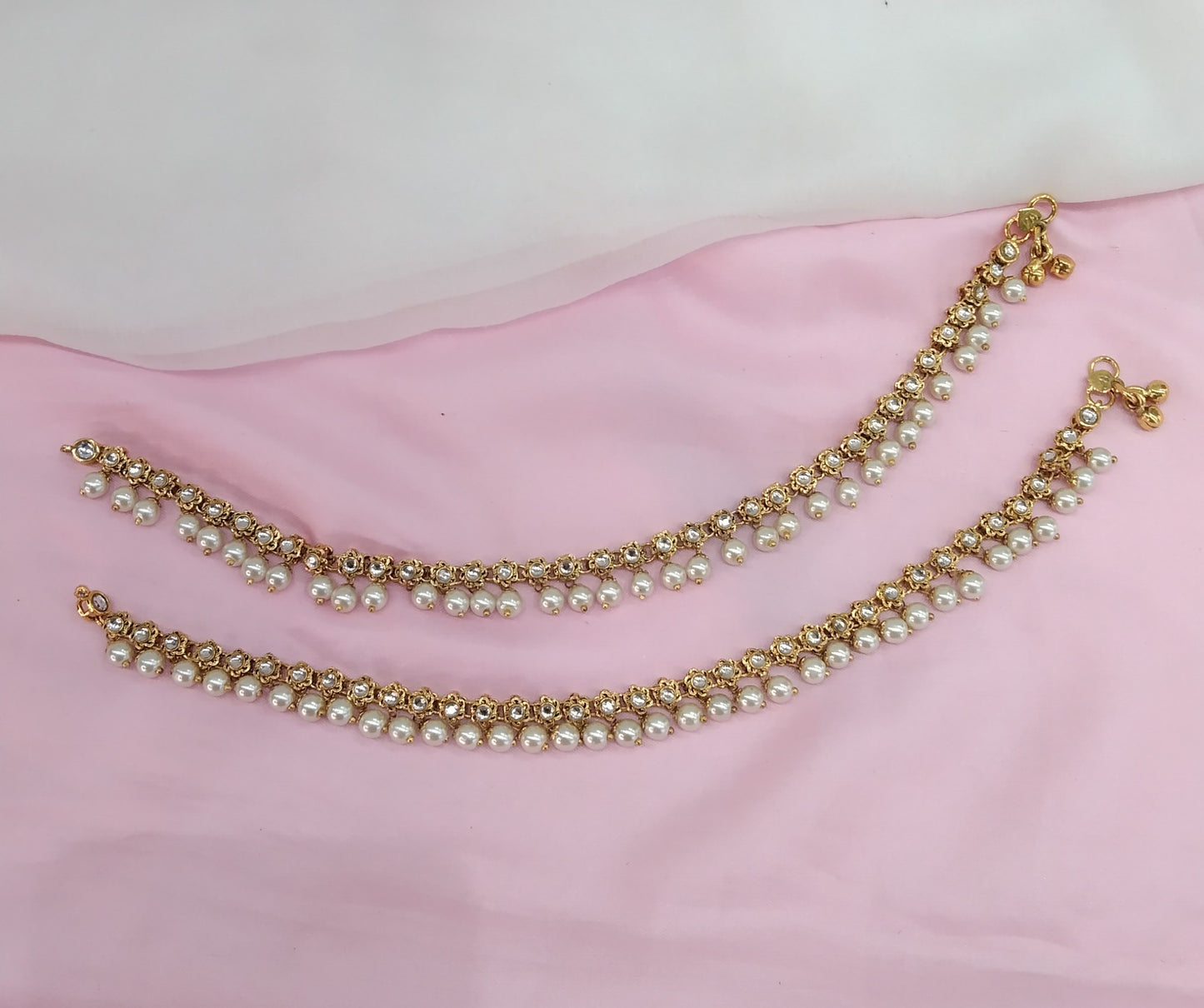 Gold White Kundan Anklets Jhanjar Payal Jewellery opti Set
