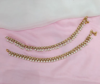 Gold White Kundan Anklets Jhanjar Payal Jewellery opti Set