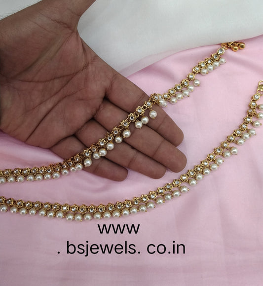 Gold White Kundan Anklets Jhanjar Payal Jewellery opti Set