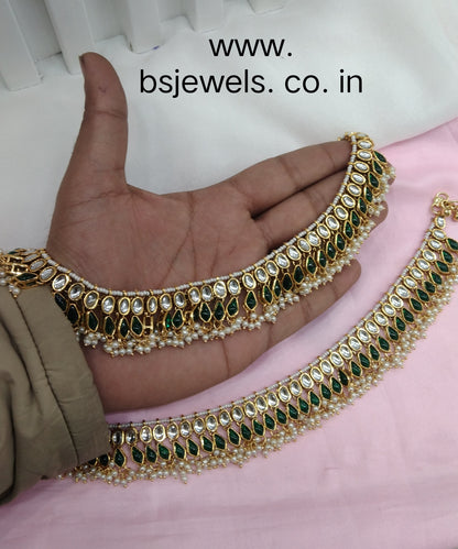 Gold Green Kundan Anklets Jhanjar Payal Jewellery opti Set