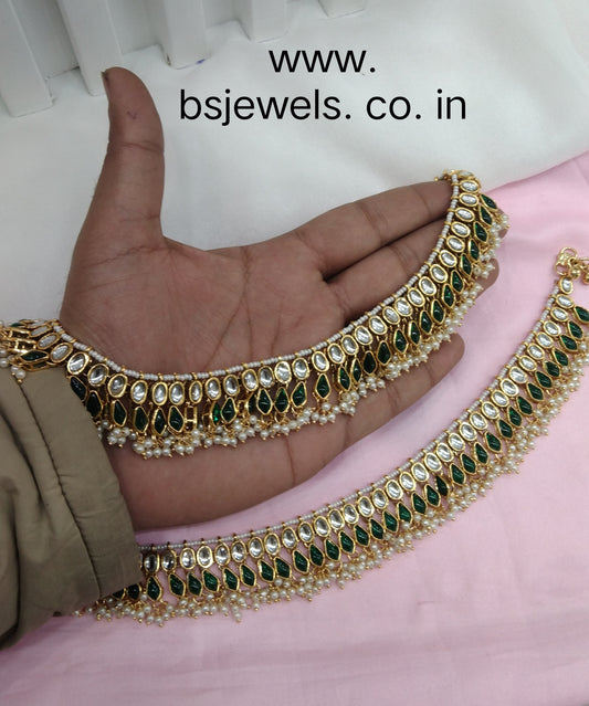 Gold Green Kundan Anklets Jhanjar Payal Jewellery opti Set