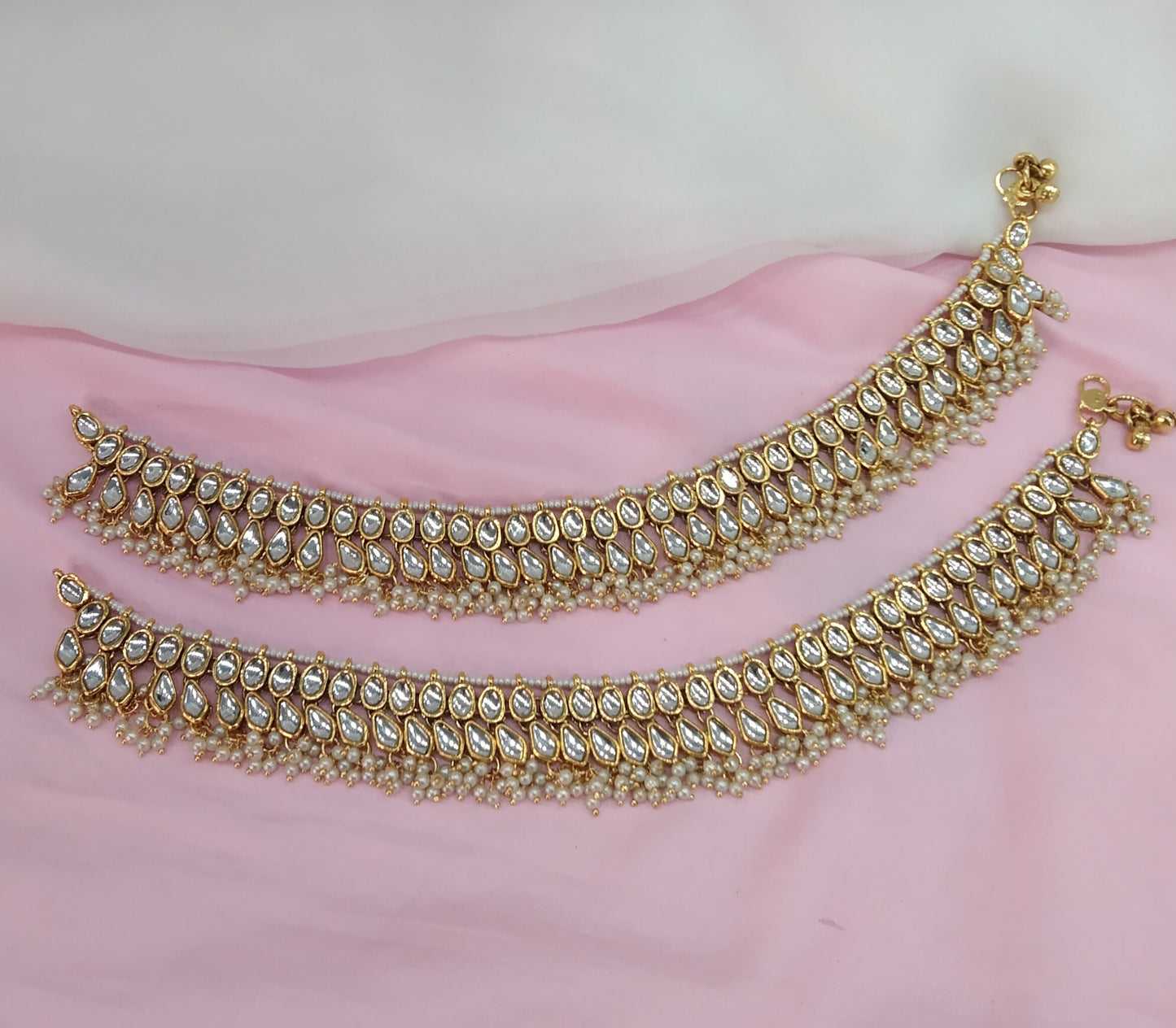 Gold White Kundan Anklets Jhanjar Payal Jewellery opti Set