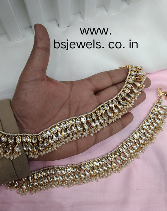 Gold White Kundan Anklets Jhanjar Payal Jewellery opti Set