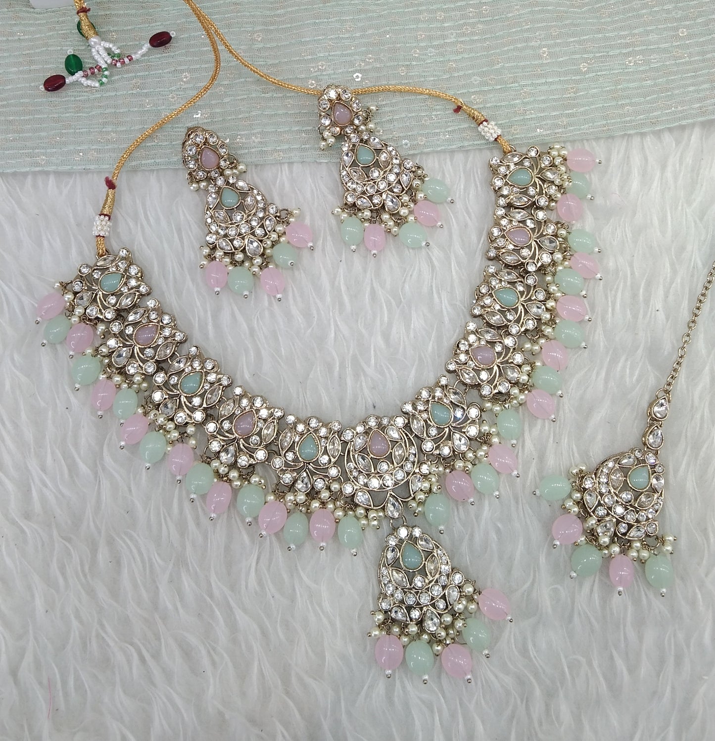 Mint Pink Antique Gold Necklace Jewellery Fjay Set