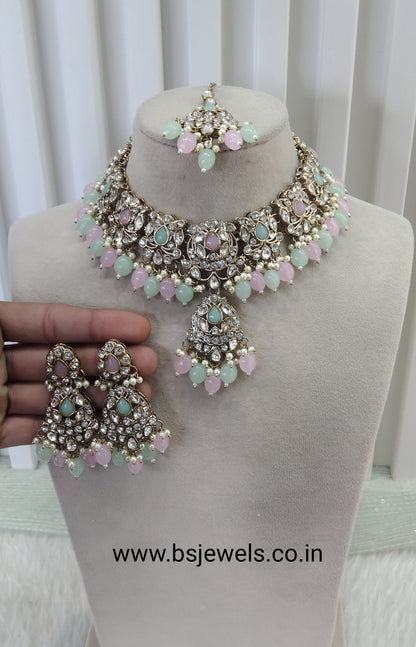 Mint Pink Antique Gold Necklace Jewellery Fjay Set