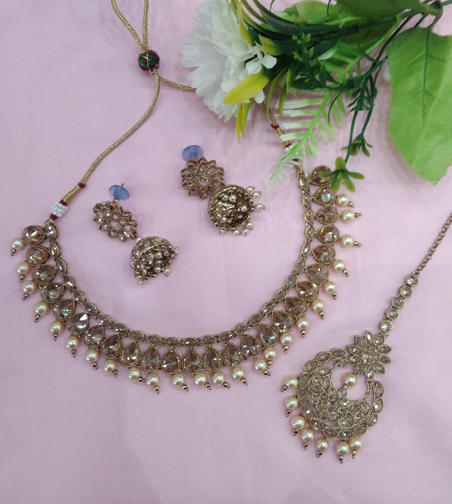 Antique Gold Champagne Stone Necklace Jewellery Jagat Set
