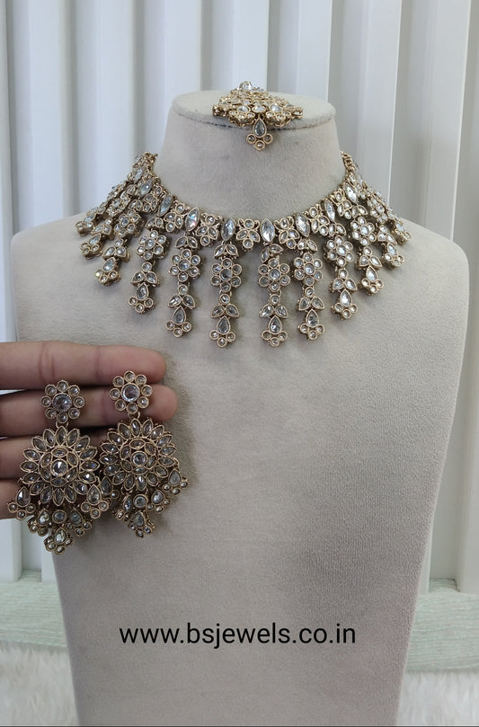 Antique White Champagne Stone Necklace Jewellery Jagat Set