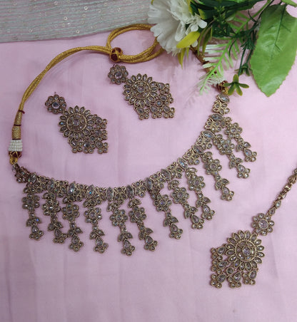 Antique Gold Champagne Stone Necklace Jewellery Jagat Set