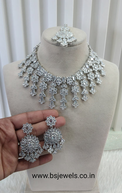 Silver White Champagne Stone Necklace Jewellery Jagat Set