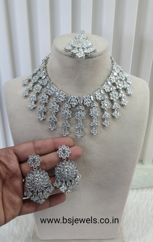 Silver White Champagne Stone Necklace Jewellery Jagat Set
