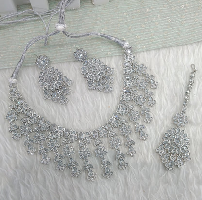 Silver White Champagne Stone Necklace Jewellery Jagat Set