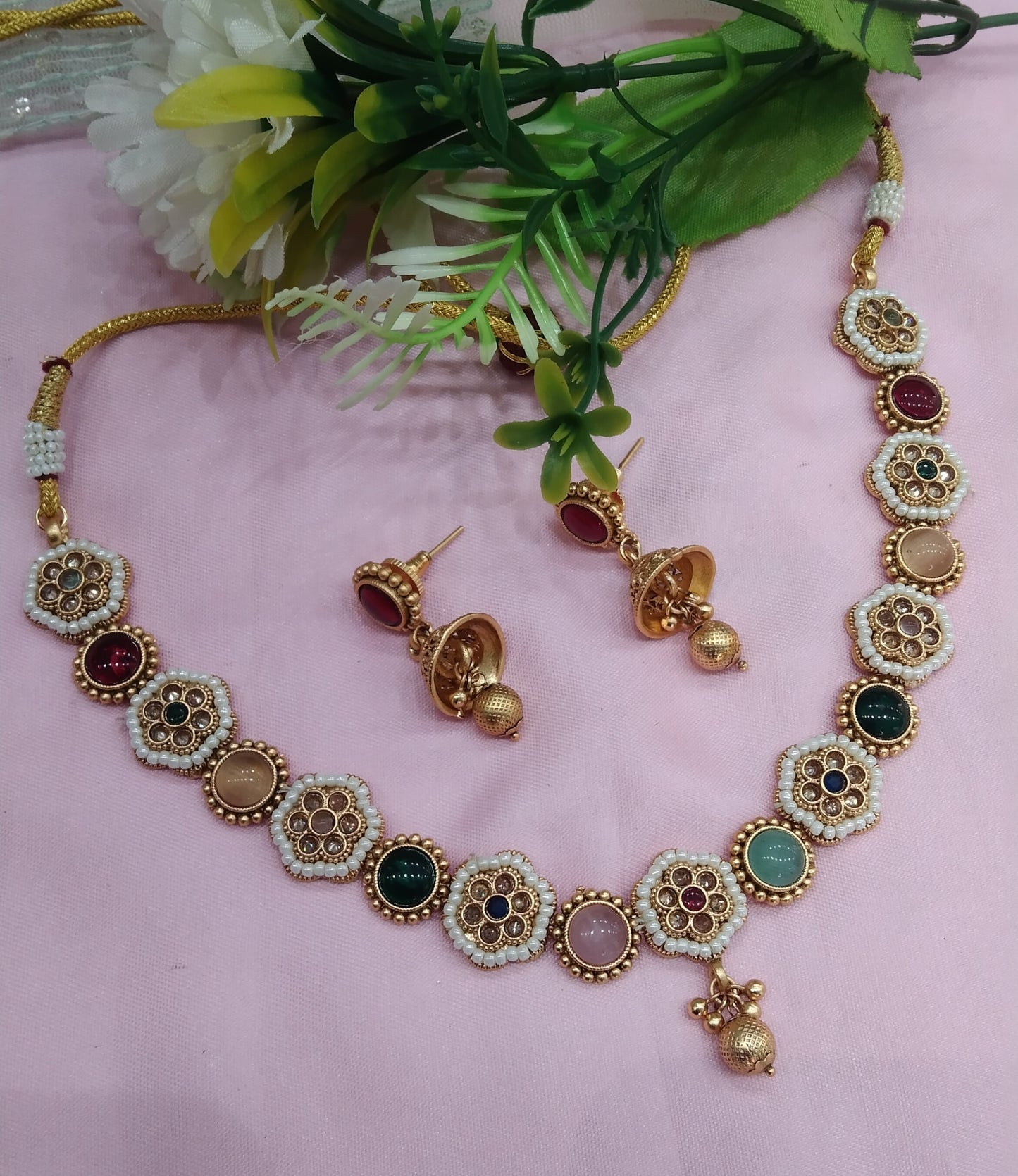 Multi Color Gold Polki Necklace Jewellery Hanita Set