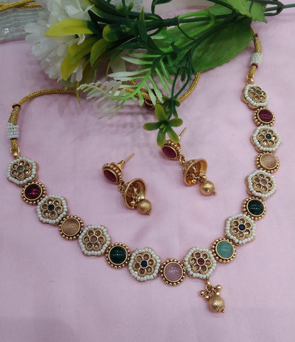 Multi Color Gold Polki Necklace Jewellery Hanita Set