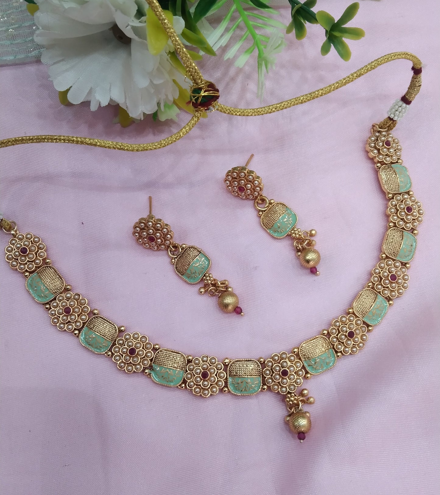 Mint Color Gold Polki Necklace Jewellery Hanita Set