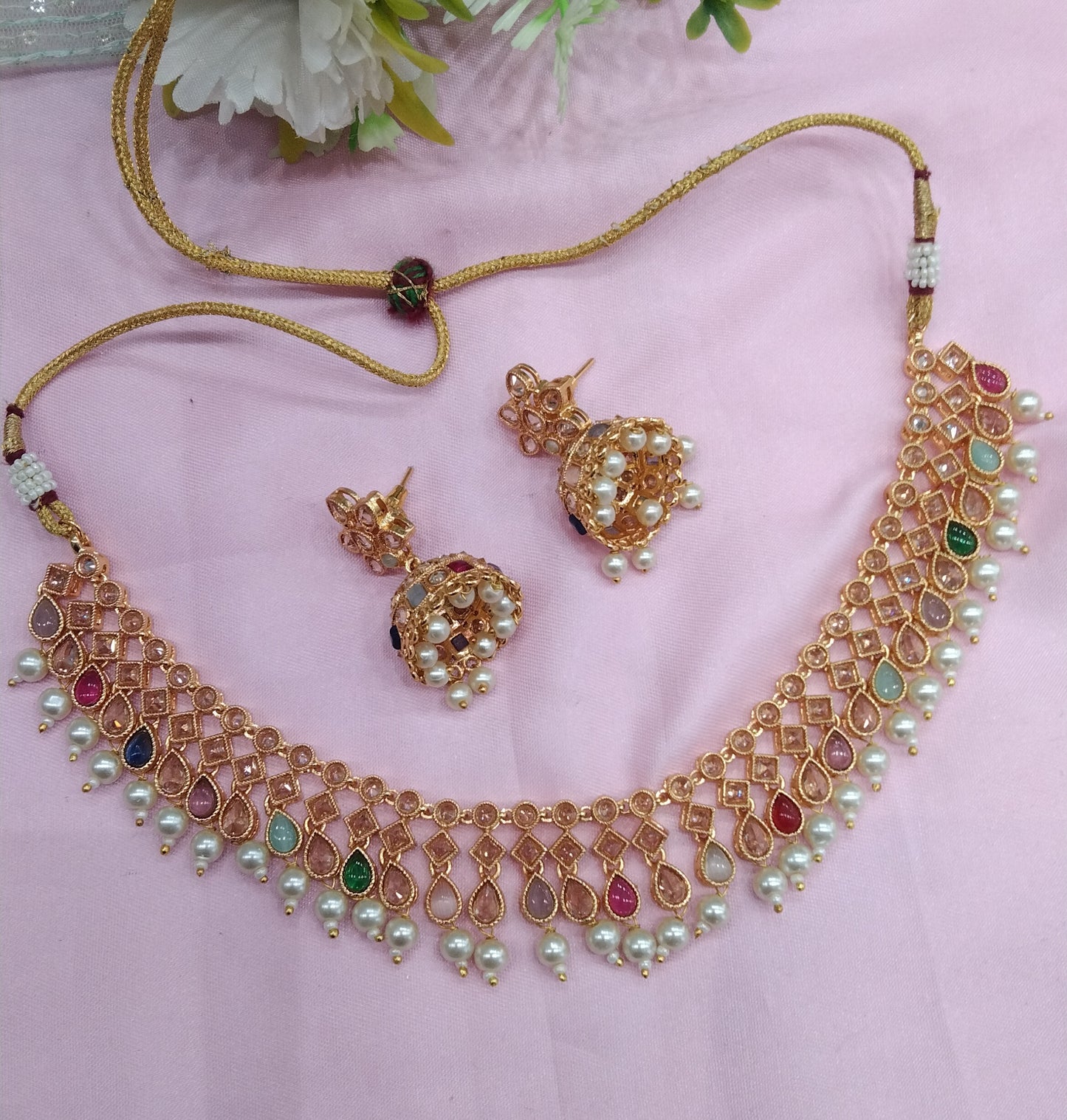 Multi Color Gold Polki Necklace Jewellery Hanita Set