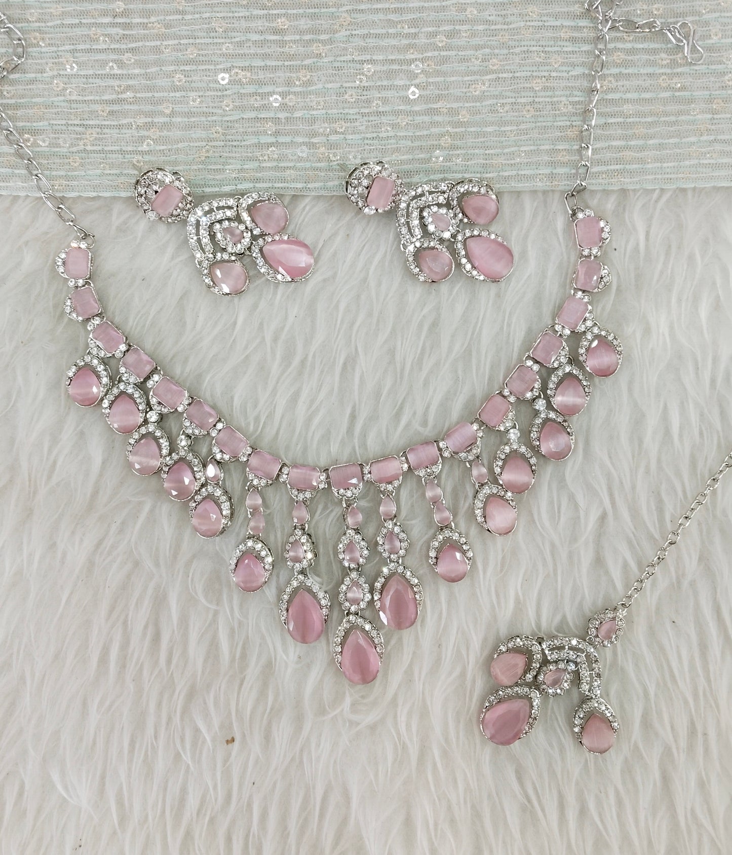 Pink Silver Zircon Necklace Jewellery Ekaksh Set