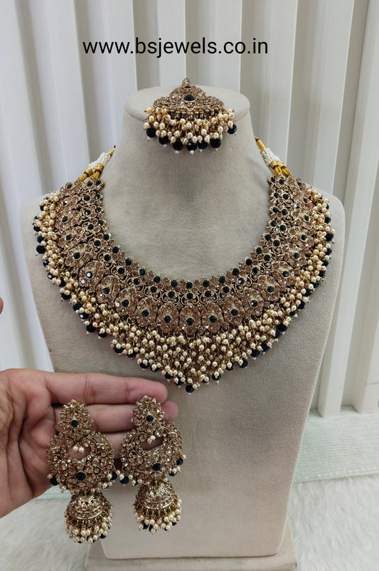 Blue Antique Gold Bridal Necklace Shallu Set