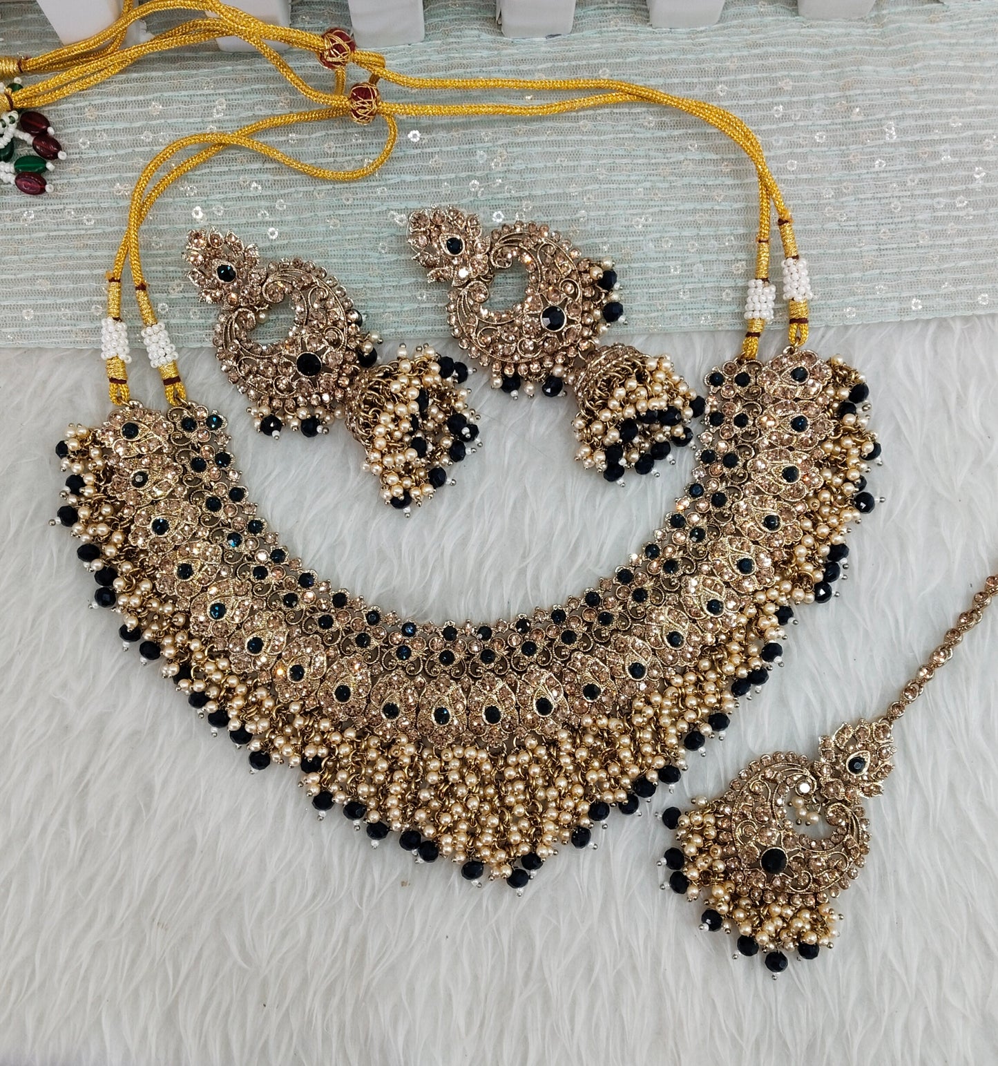 Blue Antique Gold Bridal Necklace Shallu Set