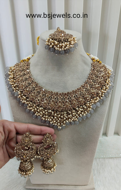 Grey Antique Gold Bridal Necklace Shallu Set