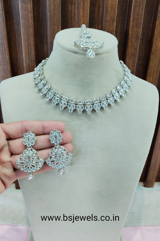 Silver White Necklace Jewellery Gaish Set