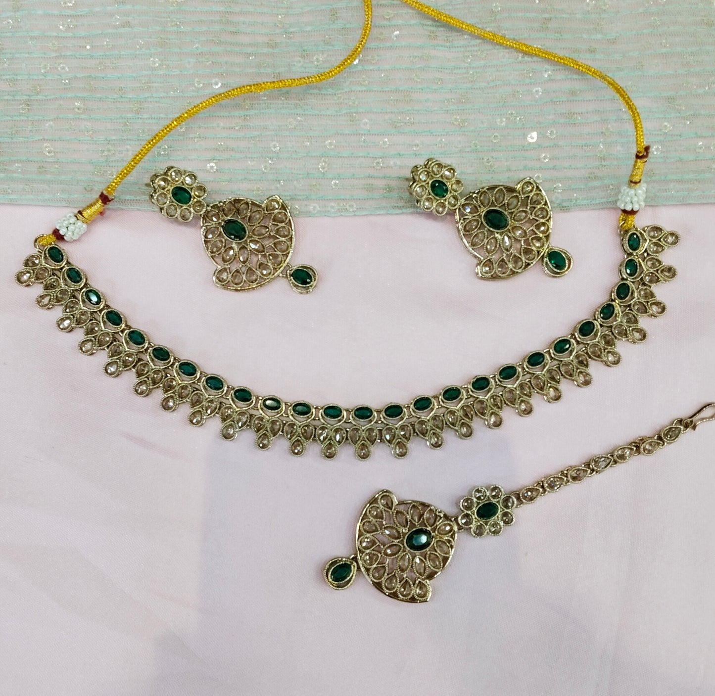 Green Antique Gold Necklace Jewellery Gaish Set