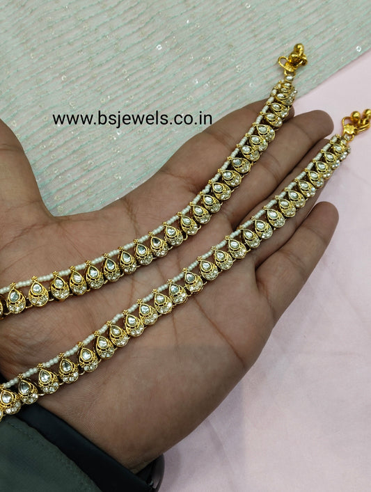 Gold White Kundan Anklets Jhanjar Payal Jewellery Prince Set