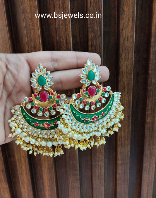 Gold Ruby Green Kundan Chandwali  Bollywood Earrings Jewellery Gurpyar Set