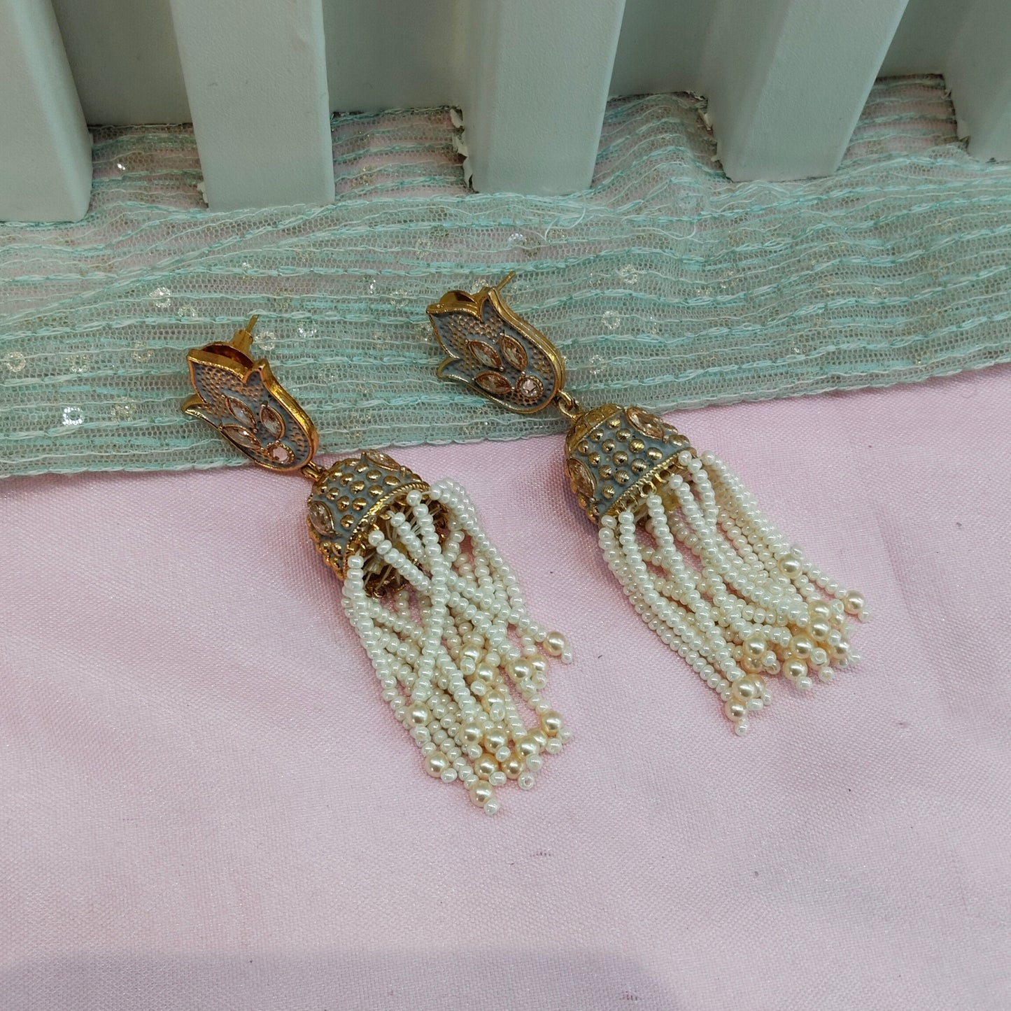 Gold White Bollywood Hero Earrings