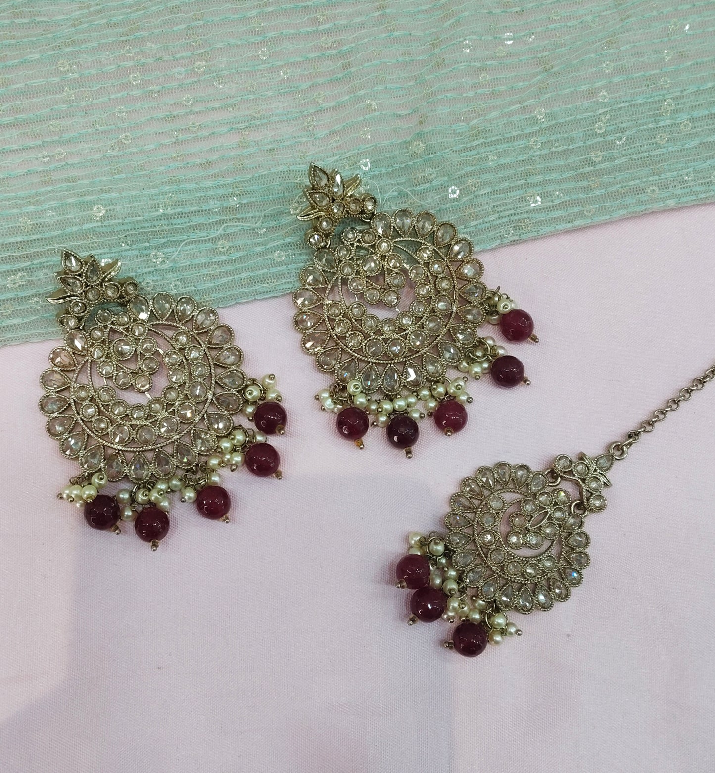 Maroon Bollywood Sehwag Earrings Jewellery Tikka Set