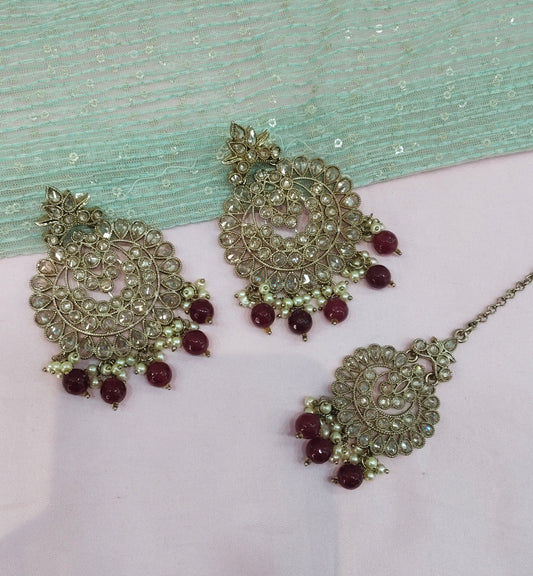 Maroon Bollywood Sehwag Earrings Jewellery Tikka Set