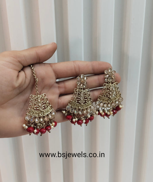 Red Bollywood Sachin Earrings Jewellery Tikka Set