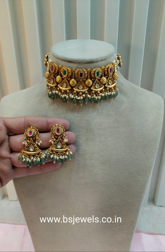 Ruby Sage Green Gold Polki Kundan Choker Necklace Jewellery Jennet Set