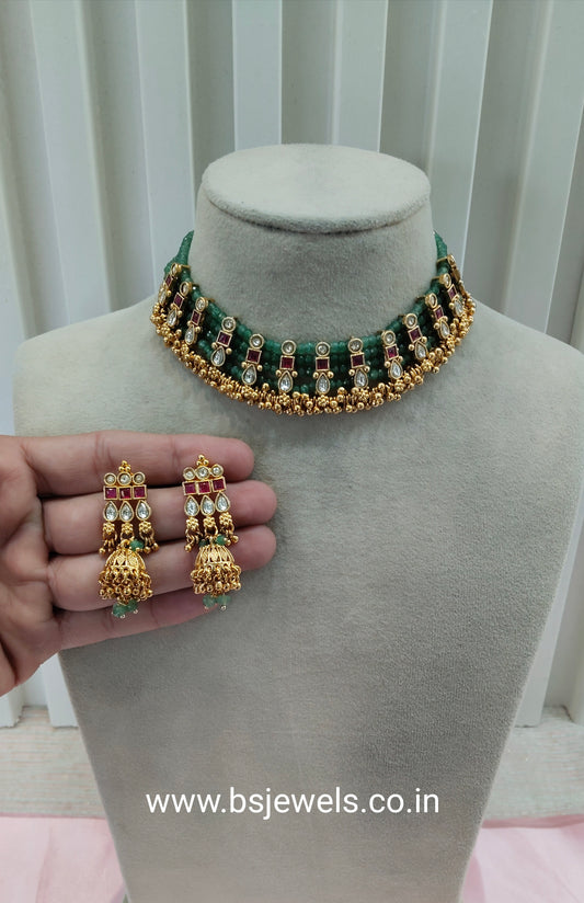 Ruby Sage Green Gold Polki Kundan Choker Necklace Jhumki Jewellery Jennet Set